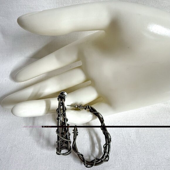 Vintage Grey Silver Tone Twisted Wire Hoop Earrings – Industrial Style - Picture 3 of 9